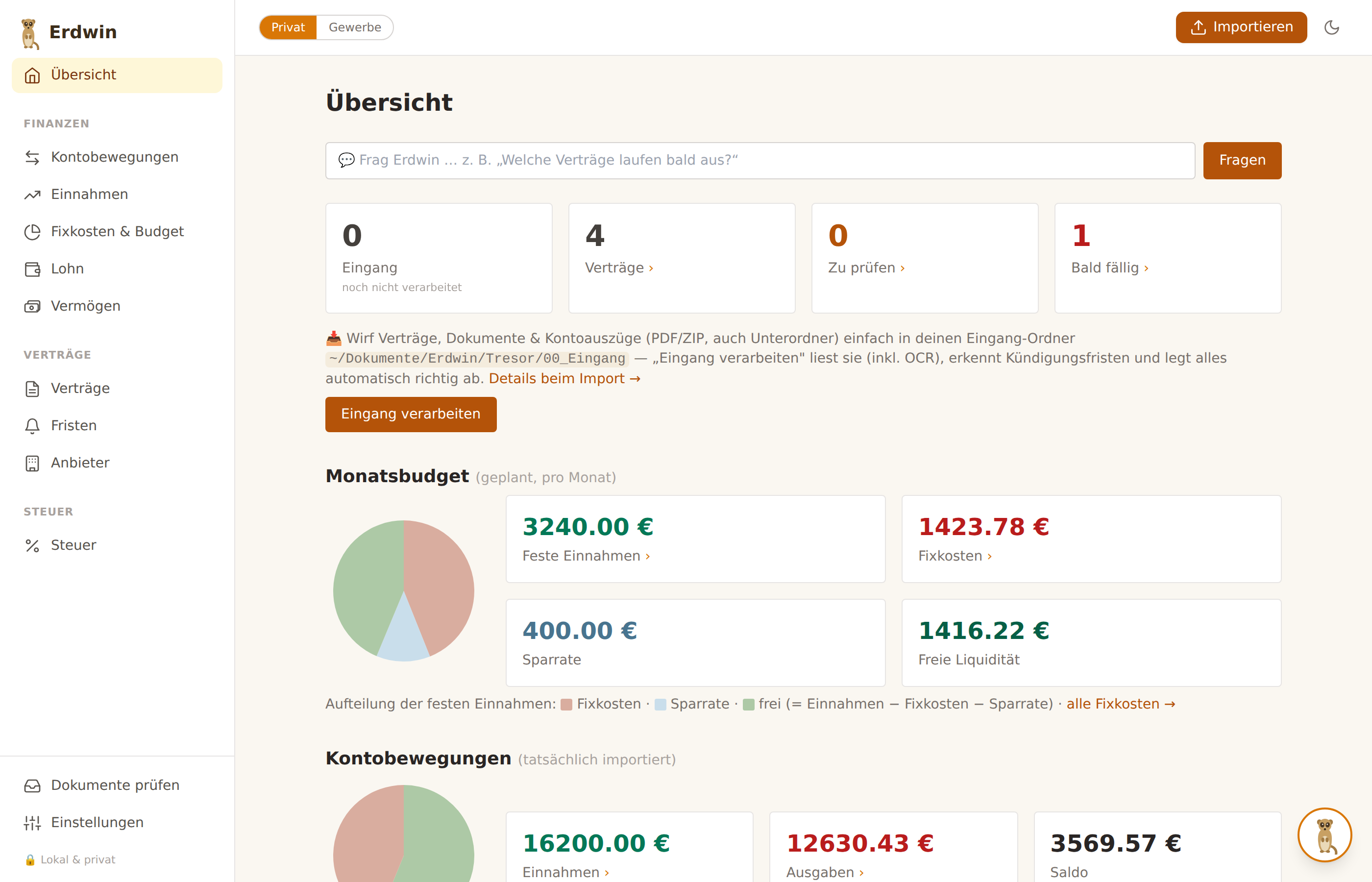 Erdwin-Dashboard: Monatsbudget, Kontobewegungen und fällige Kündigungsfristen auf einen Blick