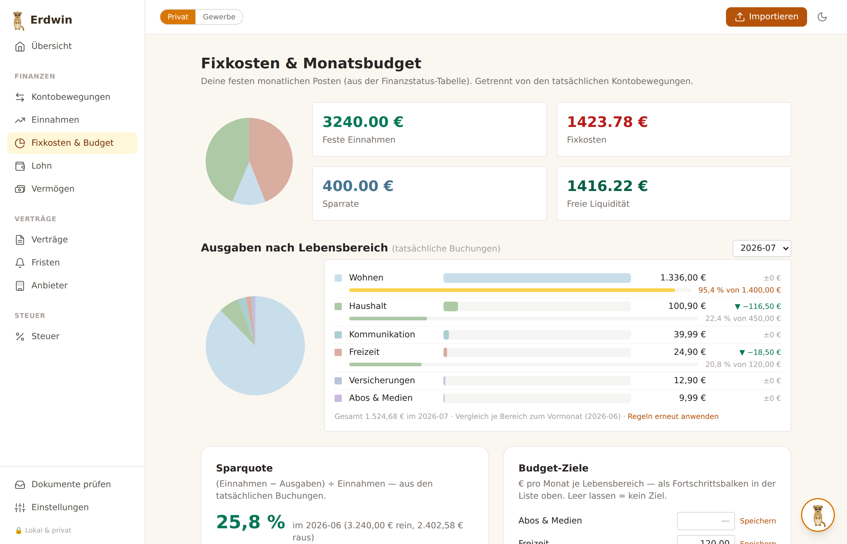 Erdwin-Budgetseite: Ausgaben nach Lebensbereichen mit Budget-Zielen und Sparquote