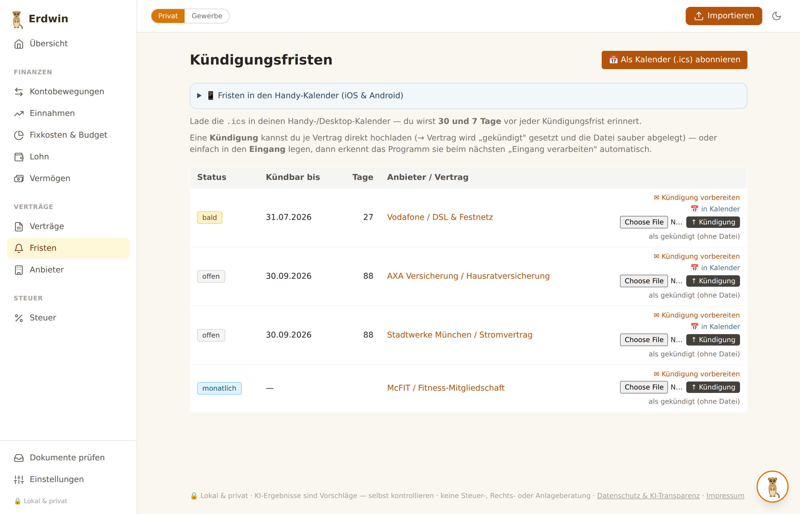 Erdwin-Fristenübersicht: Kündigungsfristen mit Status, Kalender-Export und Kündigung auf Knopfdruck